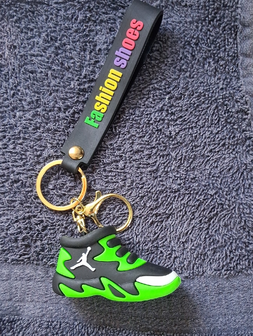 Green & Black Sneaker Keychain with Rainbow 'Fashion Shoes' Strap